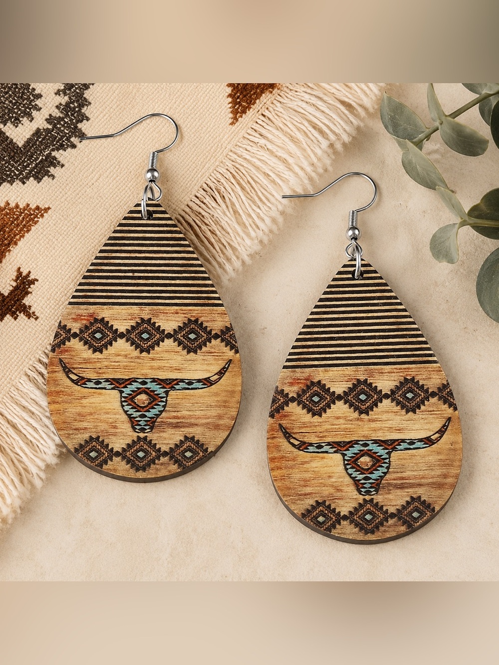 Private Label Teardrop Wood Earrings in Brown and Turquoise Accent